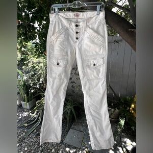 Joie off-white corduroy boot cut jeans with button fly & brown stitching detail